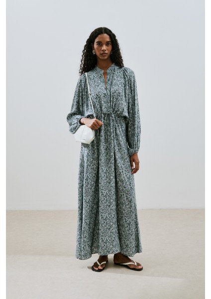 Desenli Viskon Bağlamalı Elbise Lıly Indıgo