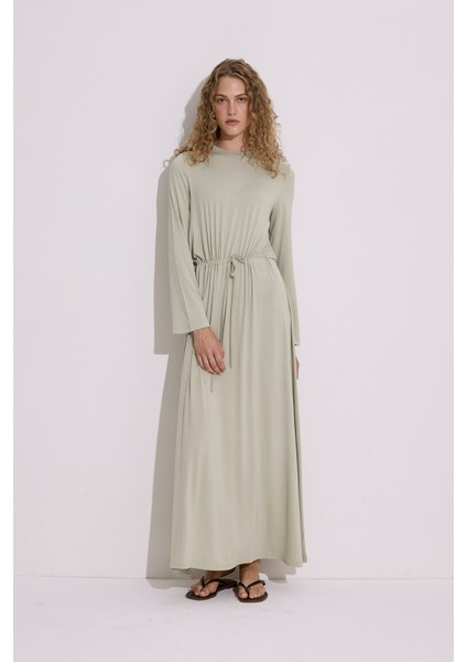 Dökümlü Uzun Kol Elbise Pastel Yeşil modelleri