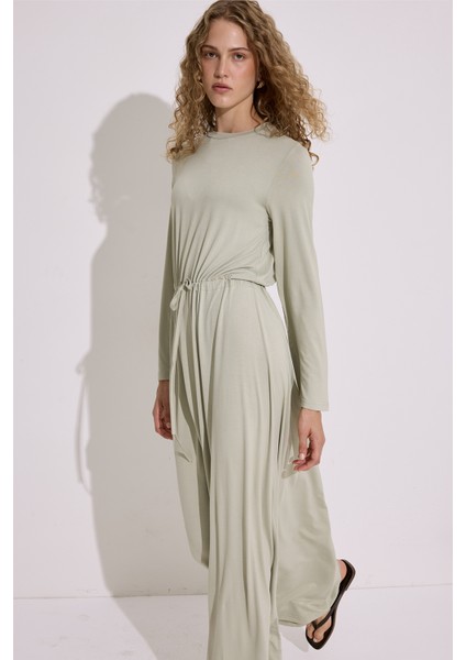Dökümlü Uzun Kol Elbise Pastel Yeşil fırsatları