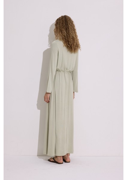 Dökümlü Uzun Kol Elbise Pastel Yeşil indirimleri