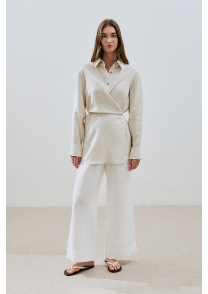 Keten Bağlama Detaylı Gömlek Taş