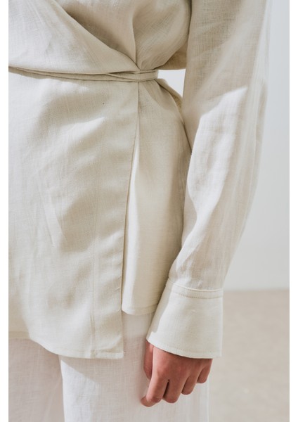 Keten Bağlama Detaylı Gömlek Taş