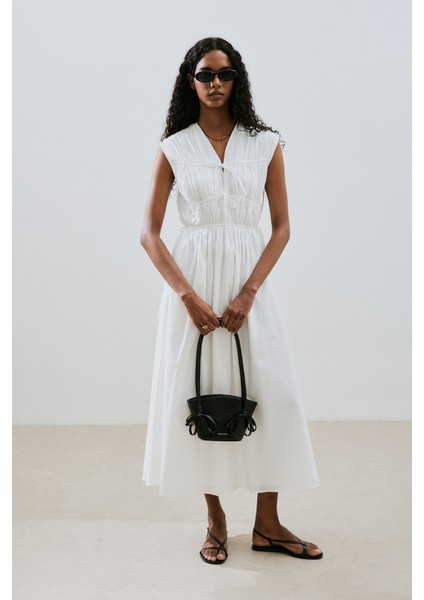 Büzgülü Bağlama Detaylı Elbise Ekru modelleri