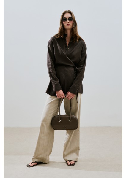 Keten Bağlama Detaylı Gömlek Acı Kahve