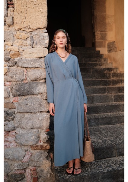 Dokulu Kruvaze Kapamalı Elbise Indigo