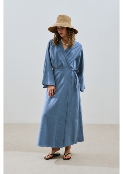 Dokulu Kruvaze Kapamalı Elbise Indigo fırsatları