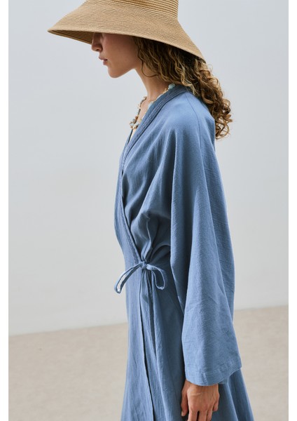 Dokulu Kruvaze Kapamalı Elbise Indigo