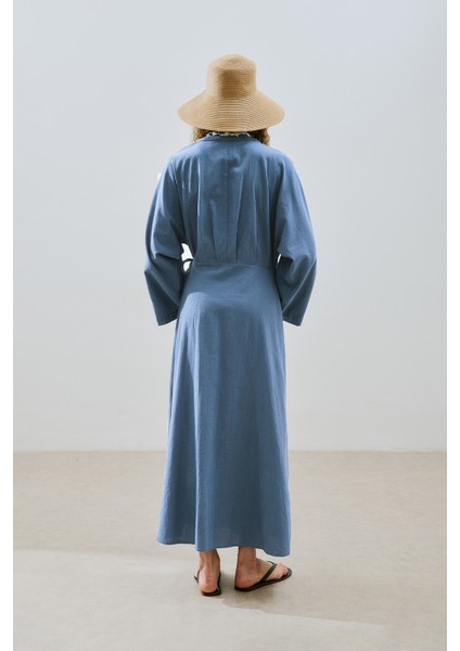 Dokulu Kruvaze Kapamalı Elbise Indigo