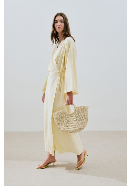 Dokulu Kruvaze Kapamalı Elbise Sarı indirimleri