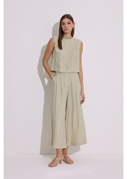 Modal Pileli Geniş Pantolon Çağla