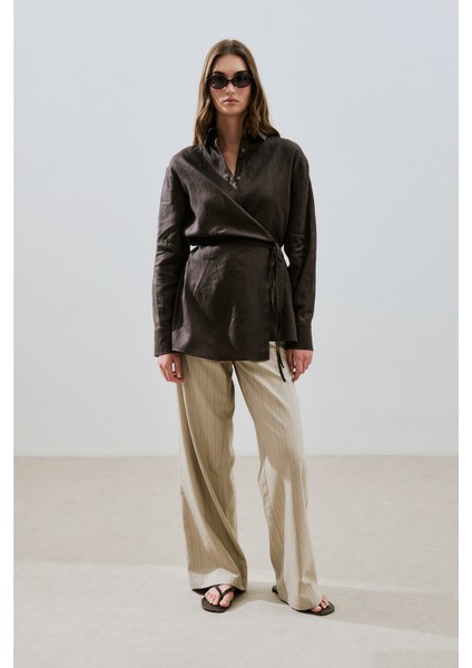 Keten Bağlama Detaylı Gömlek Acı Kahve modelleri