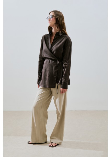 Keten Bağlama Detaylı Gömlek Acı Kahve fırsatları