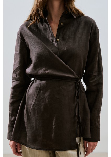 Keten Bağlama Detaylı Gömlek Acı Kahve indirimleri