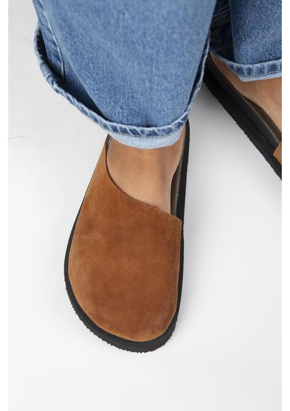 Ateshi Kadın Deri Hakiki Deri Düz Sabo Taba Terlik