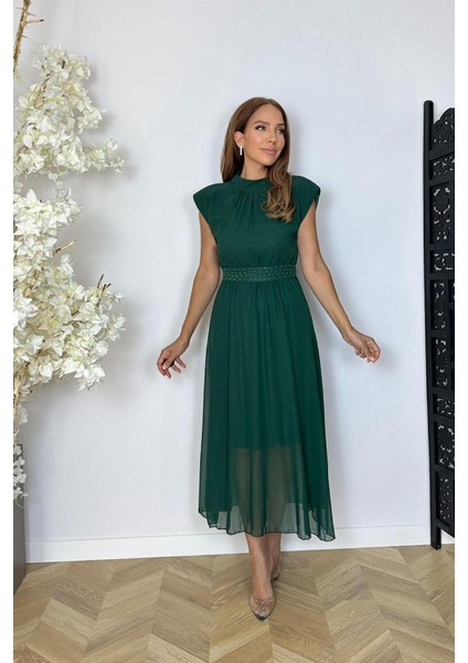 G1544 Kuşak Detaylı Şifon Elbise Zümrüt
