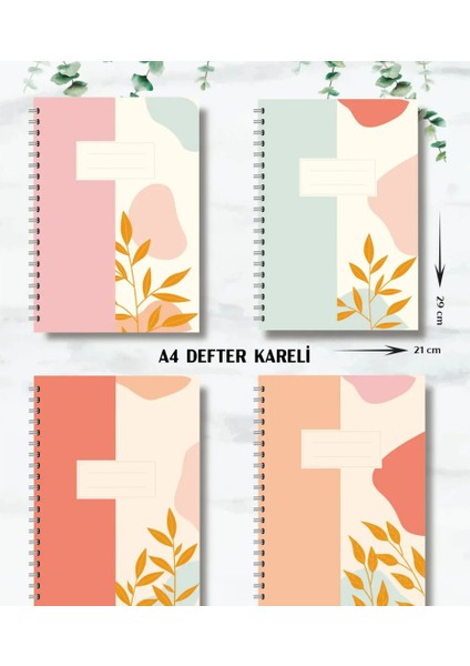 80 Yaprak - A4 Spiralli Karton Kapak - 4’lü Set - Kareli - Okul Defteri