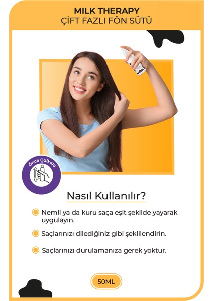 Milk Therapy Çift Fazlı Durulanmayan Fön Sütü 50 ml – Süt Proteini ve Arginin ile Kuru Saçlar için Isı ve Çevre Koruması