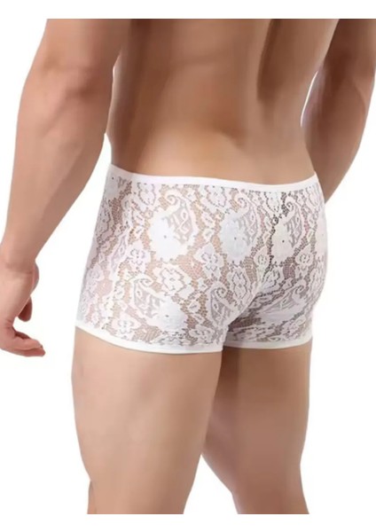 Beyaz Erkek Dantelli Boxer Iç Çamaşırı