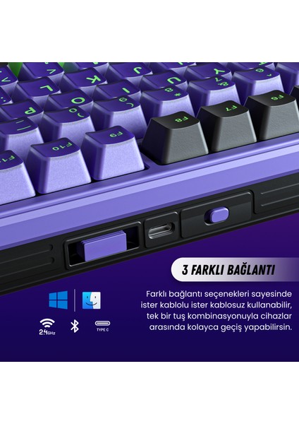 K99 Pro Hotswap Rgb Windows/macOS Uyumlu Kablolu, Kablosuz, Bluetooth %95 Mekanik Oyuncu Klavye Mor modelleri