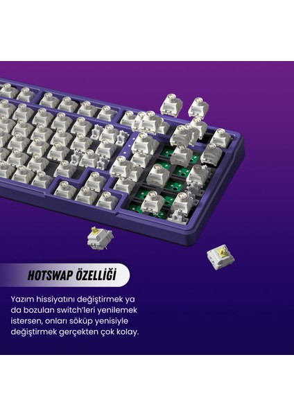 K99 Pro Hotswap Rgb Windows/macOS Uyumlu Kablolu, Kablosuz, Bluetooth %95 Mekanik Oyuncu Klavye Mor fırsatları