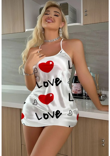 Beyaz Aşk Temalı Kalp Desenli Saten Gecelik fiyatları