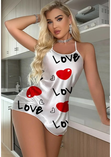 Beyaz Aşk Temalı Kalp Desenli Saten Gecelik modelleri