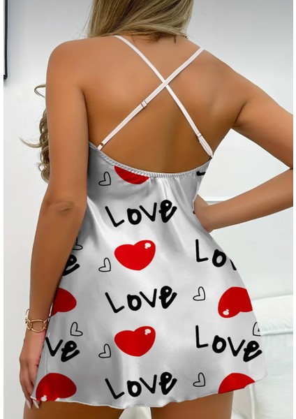 Beyaz Aşk Temalı Kalp Desenli Saten Gecelik fırsatları