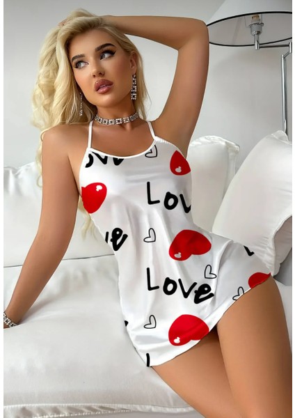 Beyaz Aşk Temalı Kalp Desenli Saten Gecelik indirimleri