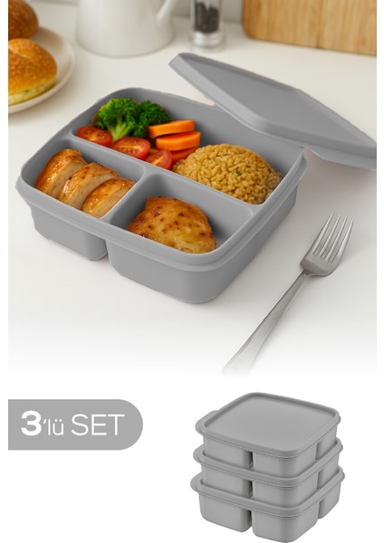 3'lü Set Bölmeli Kare Saklama Kabı Açık Gri