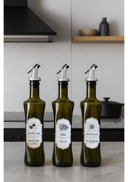 3'lü Set Etiketli Yeşil Cam Şişe Sirke,zeytinyağı,ayçiçek Yağı Seti 500 ml