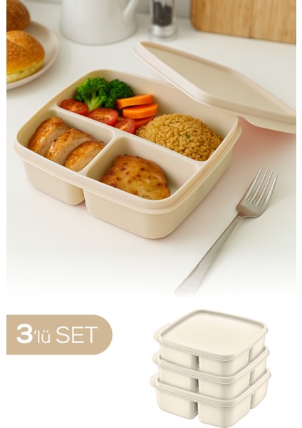 3'lü Set Bölmeli Kare Saklama Kabı Bej