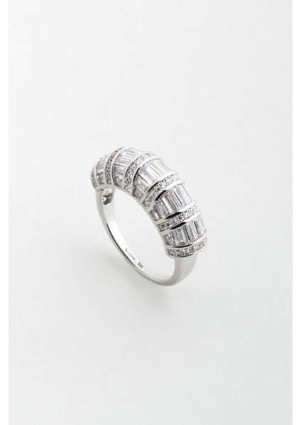 Avangard Baget 18 Ayar Beyaz Altın Kaplama Gümüş Yüzük