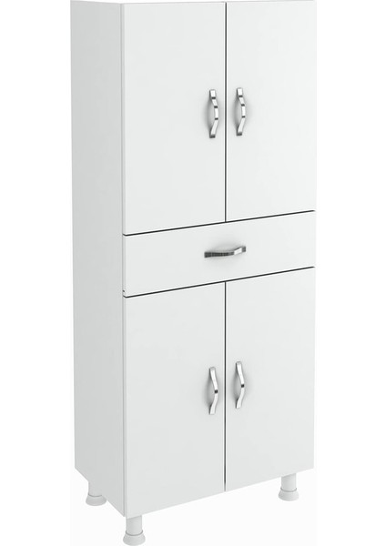 Beyaz Suntalam Çok Amaçlı Dolap – 145x60x34,8 cm, Metal Kulplu, 4 Raflı ve 1 Çekmeceli Depolama Ünitesi