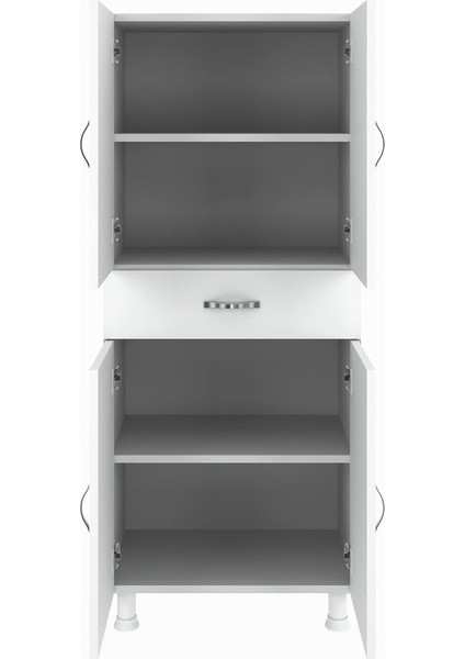 Beyaz Suntalam Çok Amaçlı Dolap – 145x60x34,8 cm, Metal Kulplu, 4 Raflı ve 1 Çekmeceli Depolama Ünitesi