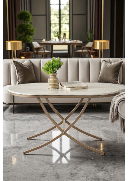 Damrin Serisi Traverten Desen 1. Sınıf Mebran Mdf Orta Sehpa Bronz Ayak