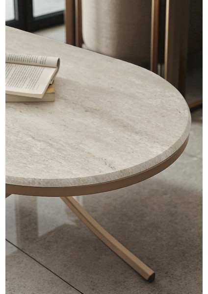 Damrin Serisi Traverten Desen 1. Sınıf Mebran Mdf Orta Sehpa Bronz Ayak fırsatları