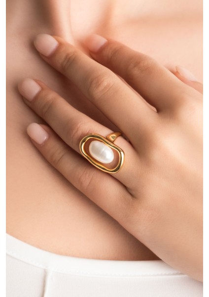 Ikonik 18 Ayar Sarı Altın Kaplama Ayarlanabilir Gümüş Inci Yüzük fiyatları