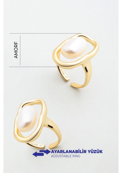 Ikonik 18 Ayar Sarı Altın Kaplama Ayarlanabilir Gümüş Inci Yüzük modelleri
