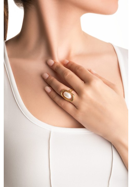 Ikonik 18 Ayar Sarı Altın Kaplama Ayarlanabilir Gümüş Inci Yüzük fırsatları