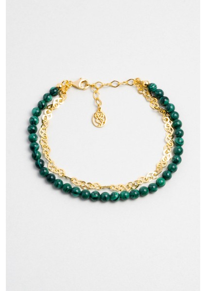 Malahit Güneşi 18 Ayar Sarı Altın Kaplama 19 cm Gümüş Bileklik