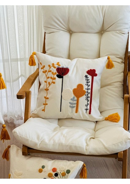 Tekli Çiçekli Punch Işlemeli Nakışlı Dekoratif Premium Kırlent Kılıfı