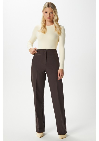 Kadın Glen Tok Dokulu Filetolu Kancalı Kahverengi Palazzo Pantolon 2001