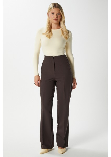 Kadın Glen Tok Dokulu Filetolu Kancalı Kahverengi Palazzo Pantolon 2001 indirimleri