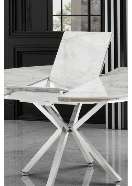 Arhor Serisi 100 x 100 Açılabilir Lak Panel Beyaz Mermer Desen Masa - Krom Ayak modelleri
