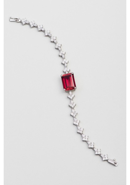 Created Ruby Taşlı 18 Ayar Beyaz Altın Kaplama Gümüş Baget Bileklik