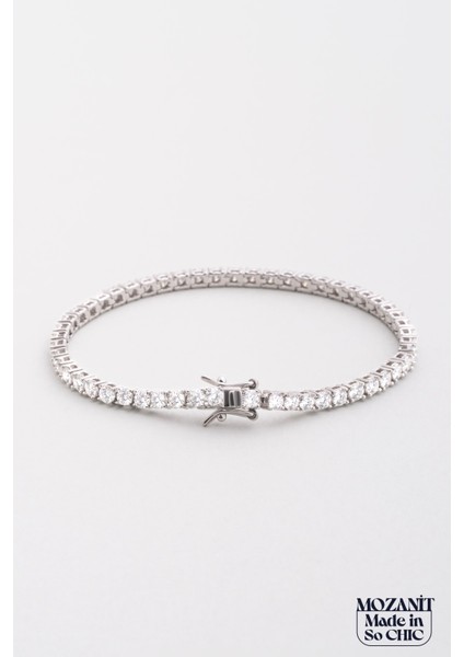 Mozanit Zarafeti 18 Ayar Beyaz Altın Kaplama 17 cm Gümüş Su Yolu Bileklik