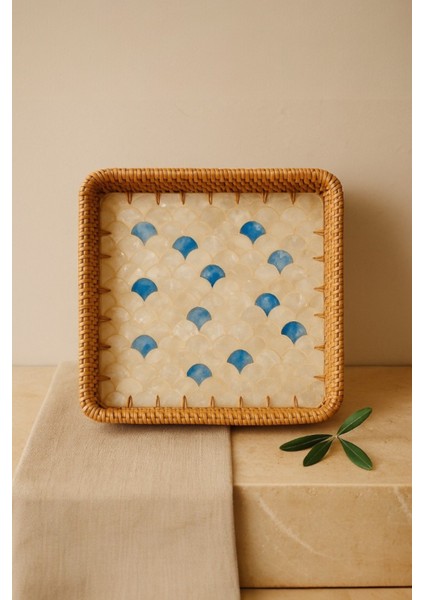 Sedef Işlemeli Kare Rattan Servis Tepsisi, El Yapımı, Mavi Damla Desen, 28X28 cm