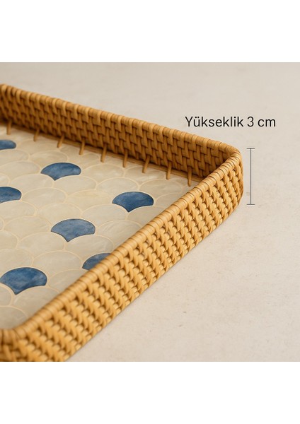 Sedef Işlemeli Kare Rattan Servis Tepsisi, El Yapımı, Mavi Damla Desen, 28X28 cm fiyatları