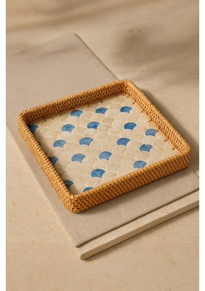 Sedef Işlemeli Kare Rattan Servis Tepsisi, El Yapımı, Mavi Damla Desen, 28X28 cm modelleri