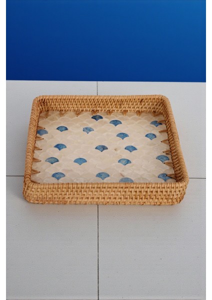 Sedef Işlemeli Kare Rattan Servis Tepsisi, El Yapımı, Mavi Damla Desen, 28X28 cm indirimleri